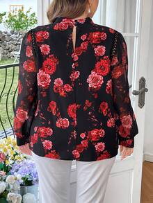 SHEIN Clasi Plus Size Women's Floral Printed Lace Patchwork Shirt - Multicolor - View 2