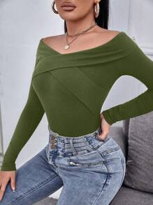 SHEIN SXY Solid Color Cross Off Shoulder Long Sleeve T-Shirt - Army Green - View 5