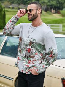 Extended Sizes Nam Kích thước lớn Áo len Với Mô hình Cartoon - Xám - Xem 6