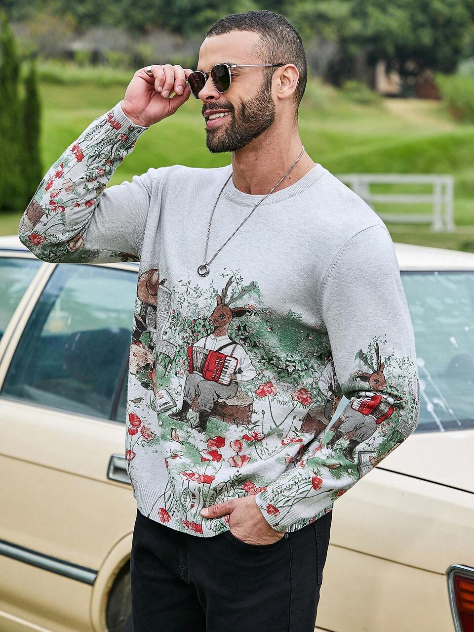 Men's Plus Size Sweater With Cartoon Pattern