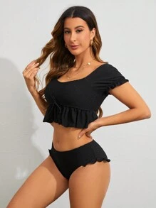 SHEIN Swim Ladies' Short Sleeve Bubble Texture Bikini Set Music Festival Summer Beach - Black - View 5