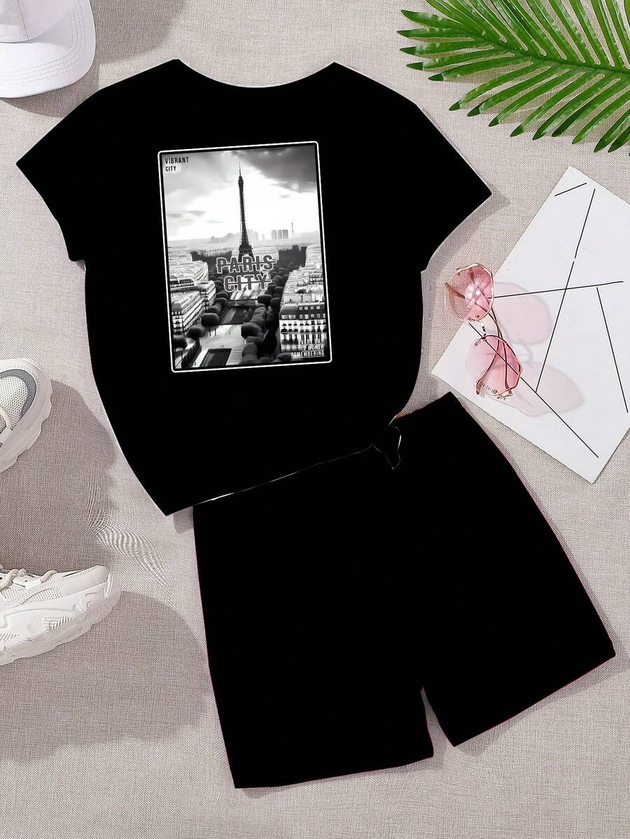 SHEIN 青少年女孩圖案短袖t恤和短褲套裝 - 黑色 - 查看 1
