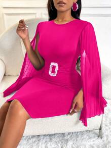 SHEIN Clasi Solid Color Cape Sleeve Dress With Rhinestone Detail - Hot Pink - View 6