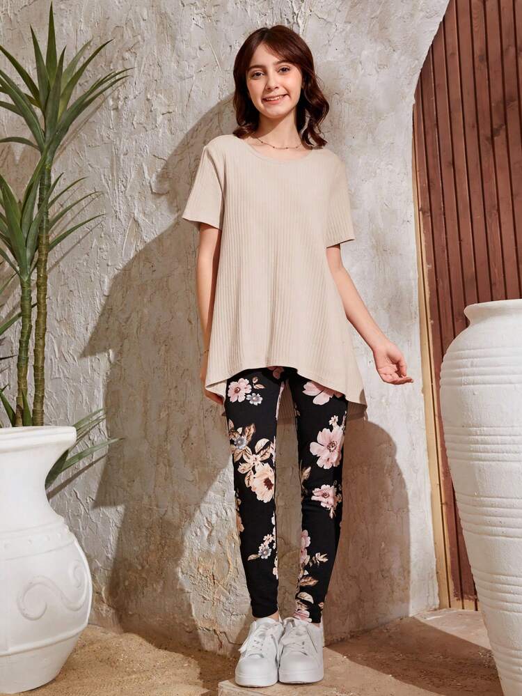 Teen Girls' Striped T-Shirt And Floral Leggings Set