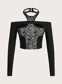 SHEIN ICON Camiseta De Manga Larga Con Cuello Halter Y Encaje Recortado - Negro - Ver 2