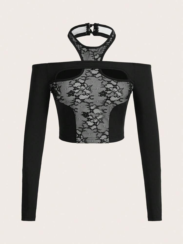 Lace Trimmed Hollow Long-Sleeved Halter Neck T-Shirt