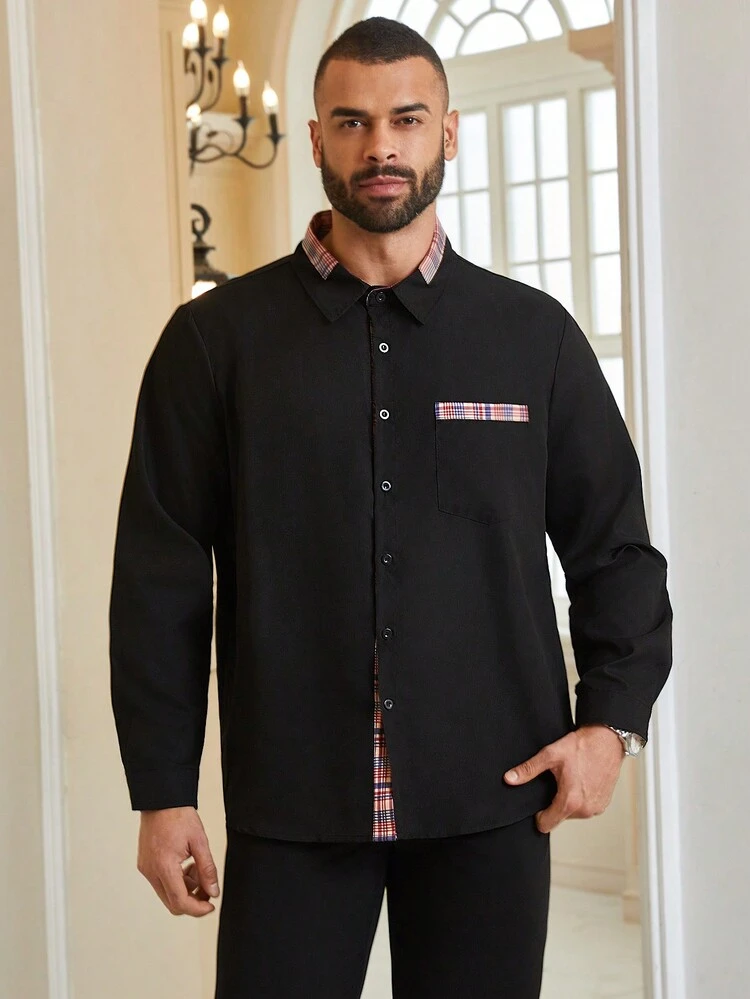 Men's Plus Size Patchwork Plaid Long Sleeve Shirt