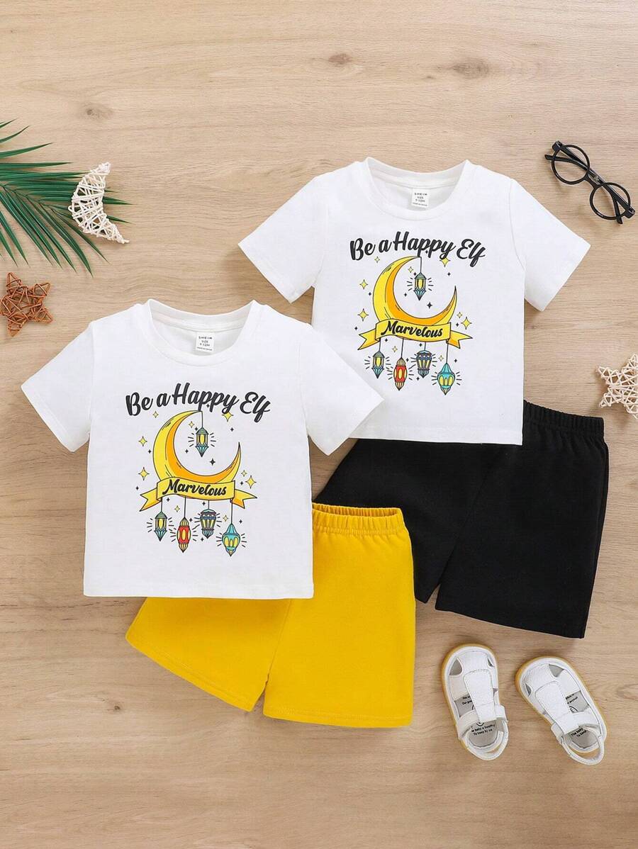 SHEIN 4pcs Baby Boy's Star And Moon Pattern Round Neck Short Sleeve Top With Solid Color Shorts Set - Multicolor - View 1