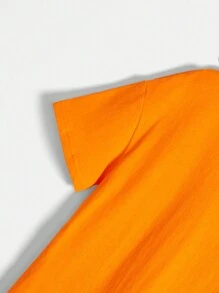 SHEIN 兒童女孩針織材質搭配圓領寬鬆短袖t恤,印有有趣標語 - 橘色 - 查看 4