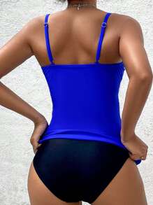 SHEIN Swim 夏季海灘女性U形金屬扣裝飾背心褲和三角底泳裝 - 藍色 - 查看 2