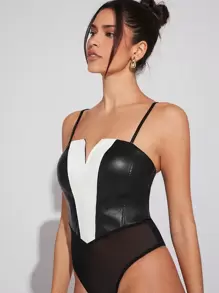 Hauture Plunging Neck Colorblock Bodysuit - Multicolor - View 5