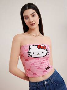 HELLO KITTY AND FRIENDS | SHEIN 女式卡通和字母印花無肩帶上衣 - 粉色 - 查看 5