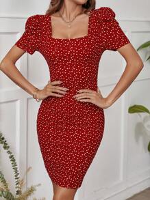 SHEIN Clasi Vestido Rojo De Mujer Con Manga Abullonada Y Estampado De Corazones Ajustado Al Cuerpo - Burdeos - Ver 2