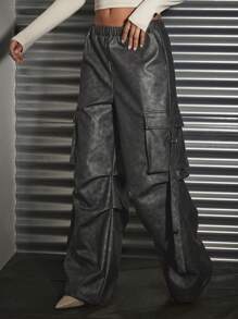 SHEIN BAE Quần dài bằng da cổ điển có đau khổ được giặt bằng da thẳng có túi 3d - màu đen - Xem 6