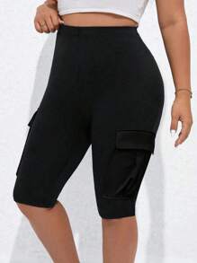 SHEIN MOOSTA Kích thước lớn Đen Thon gọn Quần short Với Cargo Túi - màu đen - Xem 4