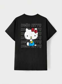 HELLO KITTY AND FRIENDS | SHEIN Camiseta De Manga Corta Con Estampado De Gato De Dibujos Animados Para Hombres - Negro - Ver 1