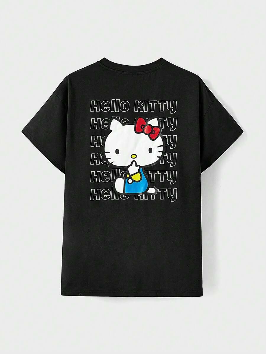 HELLO KITTY AND FRIENDS | SHEIN Camiseta De Manga Corta Con Estampado De Gato De Dibujos Animados Para Hombres - Negro - Ver 1