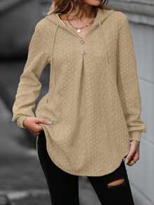 SHEIN LUNE 抽繩花卉提花長袖連帽衫 - 杏色 - 查看 4