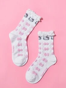 HELLO KITTY AND FRIENDS | SHEIN 2 Pasang Kaos Kaki Anak-Anak Katun Lembut dan Menyerap dengan Motif Kartun Lucu dan Hiasan Renda, Panjang Setengah Betis - MultiWarna - View 4