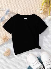 嬰兒女夏季休閒口號印花短袖T恤 - 黑色 - 查看 2