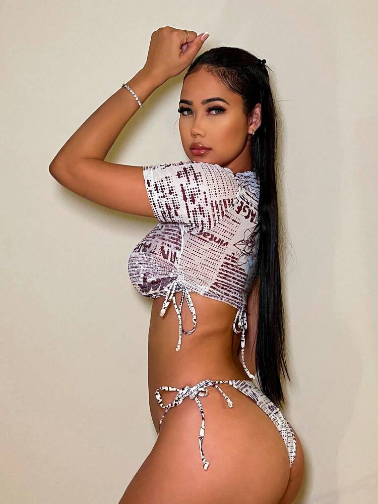 Women's All Over Print Short Sleeve Two-Piece Bikini Set Music Festival Summer Beach