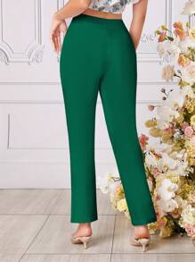 SHEIN Privé 女款純色開叉下擺長褲 - 墨綠色 - 查看 2