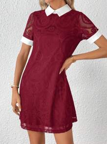 SHEIN Essnce Women's Colorblock Lace Dress With Contrast Collar And Cuff