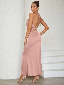 Vestido ajustado minimalista y sexy con escote halter, espalda descubierta y cola de pez calada - Rosa - Ver 2