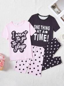 SHEIN Tween Girls' Simple Letter Printed Shorts & Short Sleeve T-Shirt & Pants 2pcs/Set Snug Fit Home Wear Outfits