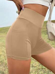 SHEIN Essnce High Waisted Pocket Detail Side Striped Shorts - Khaki - View 5