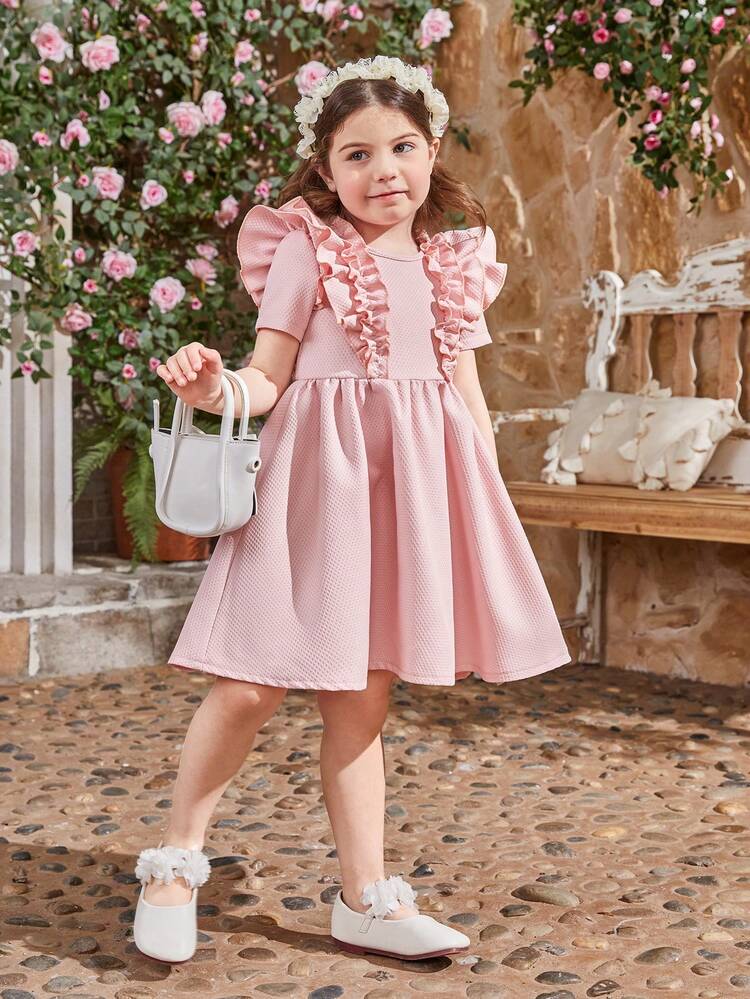Young Girl Round Neck Short Sleeve Triple Ruffle Hem Floral Jacquard Dress