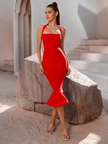 ADYCE Dây Không lưng Váy bodycon Với Hem Đối với Tối Buổi tiệc - Đỏ - Xem 3