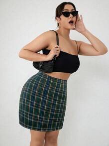 INAWLY 大碼格紋印花直筒半身裙 - 綠色 - 查看 3