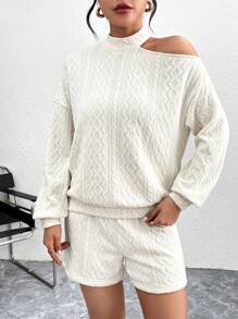 SHEIN Essnce 情人節女士露肩中空長袖上衣和短褲套裝