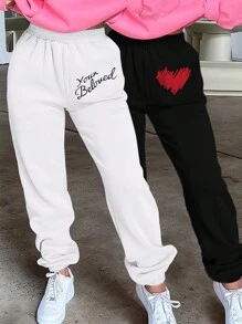 SHEIN Essnce 2 件套心形和涂鸦图案松紧腰带长款运动裤，带保暖内衬，适合情人节和休闲时光 - 彩色 - 查看 1