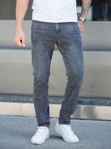 Men Cat Scratch Slim Straight Jeans - Grey - View 4