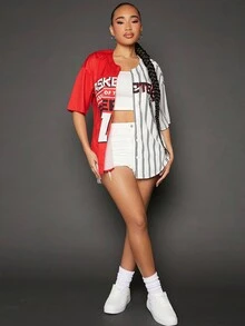 SHEIN SXY Women's Sporty Asymmetrical Striped Letter Print Baseball Shirt - Multicolor - View 5