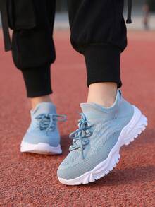 Teenager's Breathable Lightweight Sports Style Sneakers With Socks, Solid Color - Baby Blue - View 1