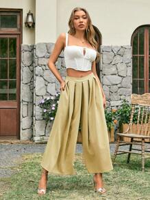 Zolique 女式高腰寬腿褲,斜口袋設計 - 黃色 - 查看 5