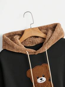 SHEIN EZwear Women's Cartoon Embroidery Color Block Teddy Hoodie - Black - View 4