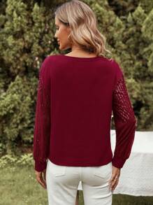 SHEIN LUNE 女士v領亮片拼接長袖t卹 - 酒紅色 - 查看 2