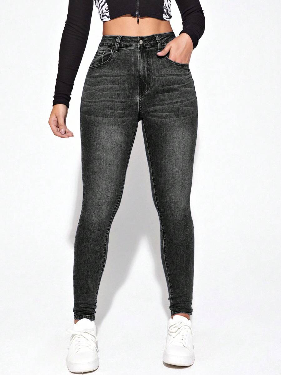 SHEIN Essnce 女用貓須設計修身牛仔褲 - 深灰色 - 查看 1