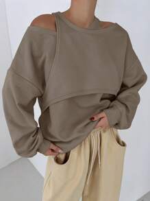 DAZY Sudadera de mujer con cuello asimétrico y hombros abiertos - Marrón - Ver 4
