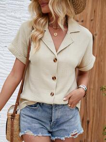 SHEIN LUNE Lapel Batwing Short Sleeve Shirt - Apricot - View 6