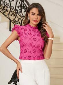 SHEIN Clasi Áo sơ mi nữ tay ngắn thêu họa tiết mùa hè - Màu Hồng Tươi - Xem 2