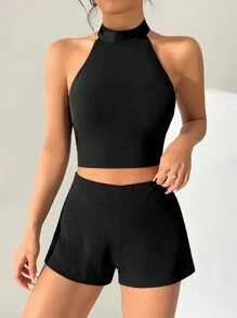 SHEIN EZwear 露背頸掛襯衫和短褲套裝 - 黑色 - 查看 1