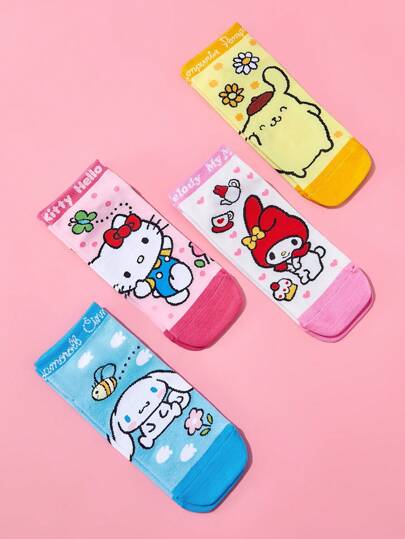 HELLO KITTY AND FRIENDS | SHEIN 4 双女士卡通图案踝袜，透气吸汗