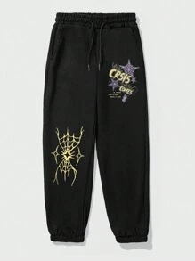 ROMWE MEN Goth Men's Spider Web Print Drawstring Waist Jogger Pants - Black - View 1