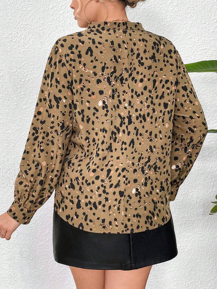Leopard Print Plus Size Shirt With Notch Neck Fall Cloth For Women