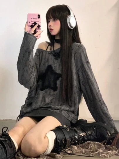 女士时尚 Y2K 五角星印花侧抽绳长袖 T 恤